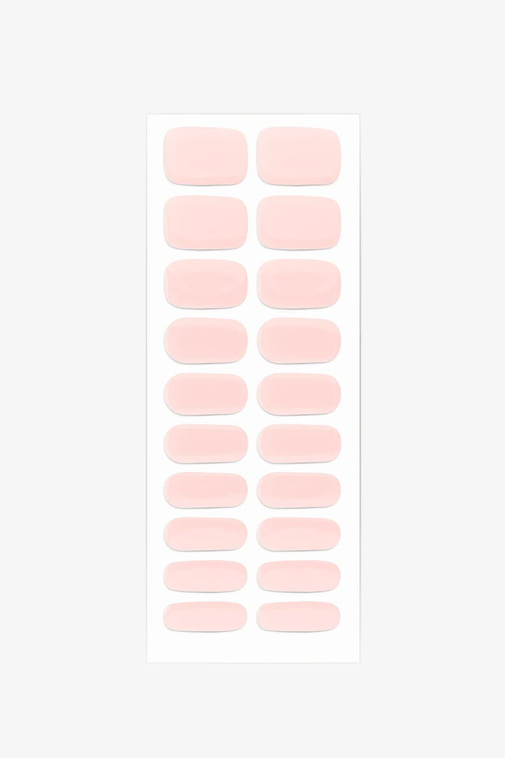 Full sheet of Powder Pink UV-free gel nail stickers displaying various sizes on a white background.