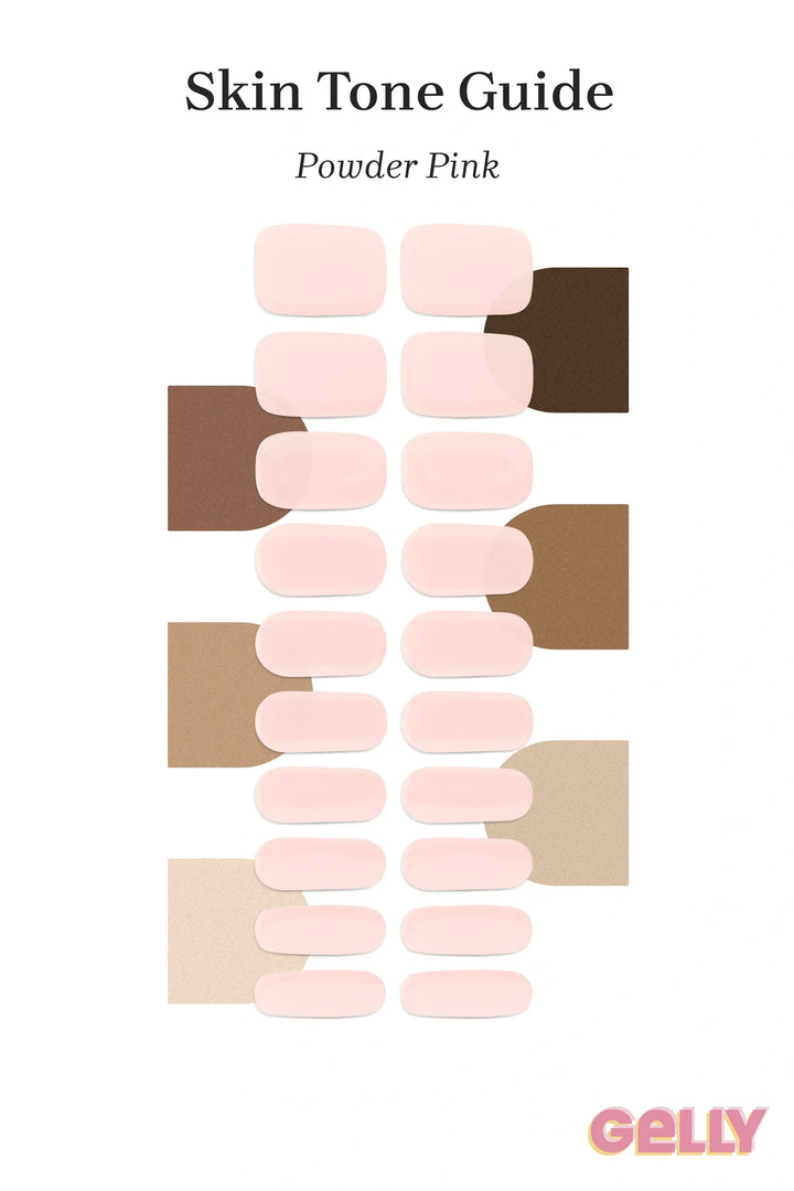Gelly Skin Tone Guide showing a full set of Powder Pink UV-free gel nail wraps across light-to-deep skin tone swatches, highlighting colour tone and opacity.