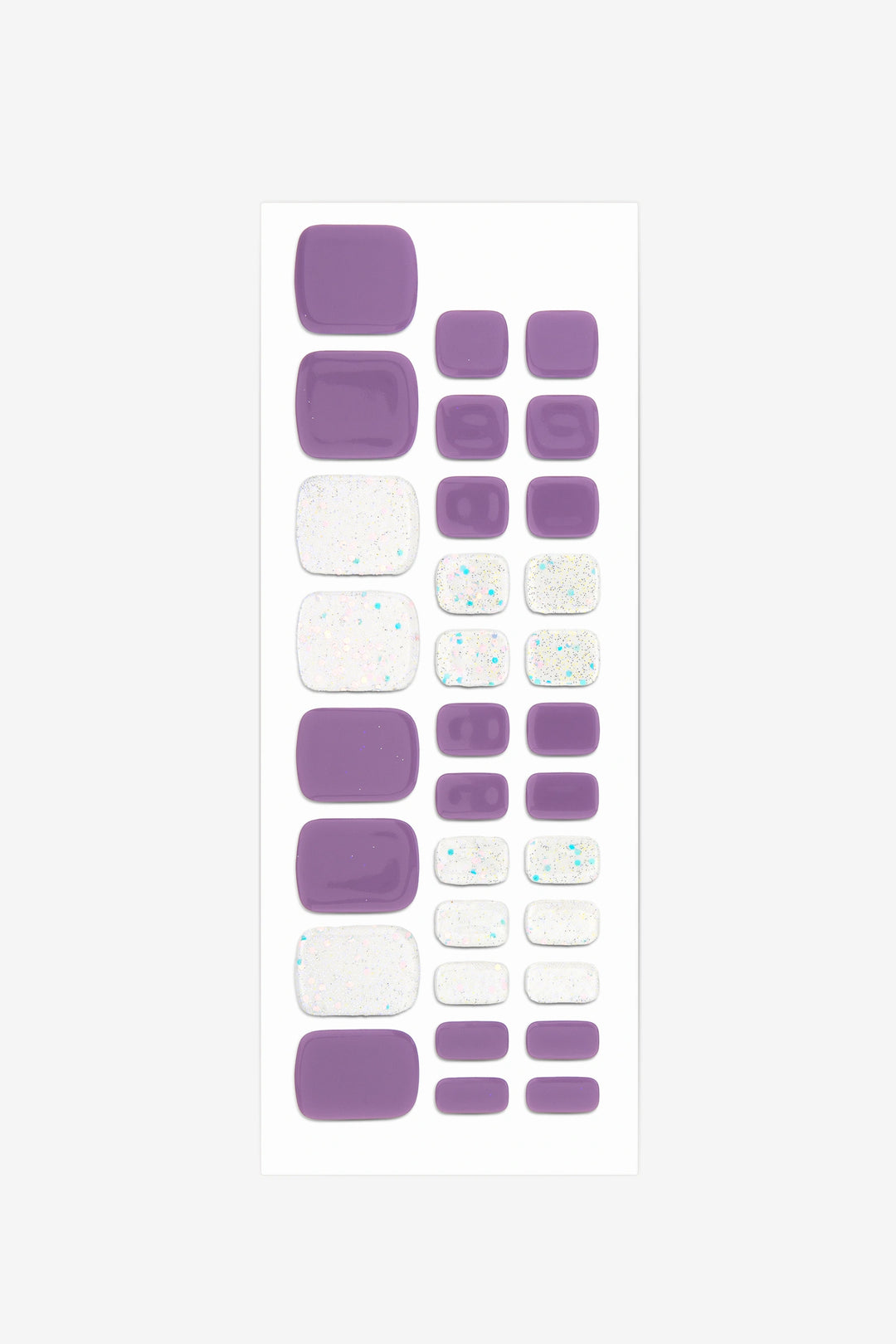 Full sheet of Purple Lilac Sprinkles semi-cured gel toenail stickers displaying various sizes on a white background.