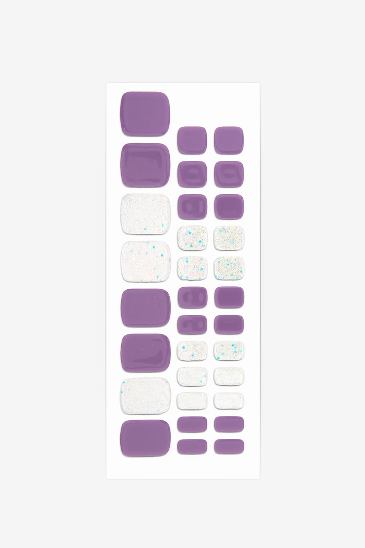 Full sheet of Purple Lilac Sprinkles semi-cured gel toenail stickers displaying various sizes on a white background.