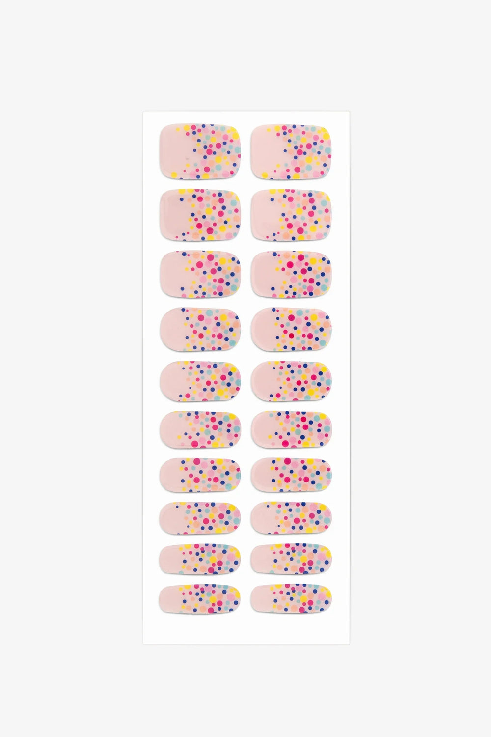 Full sheet of Rainbow Polka Dots semi-cured gel nail stickers displaying various sizes on a white background.