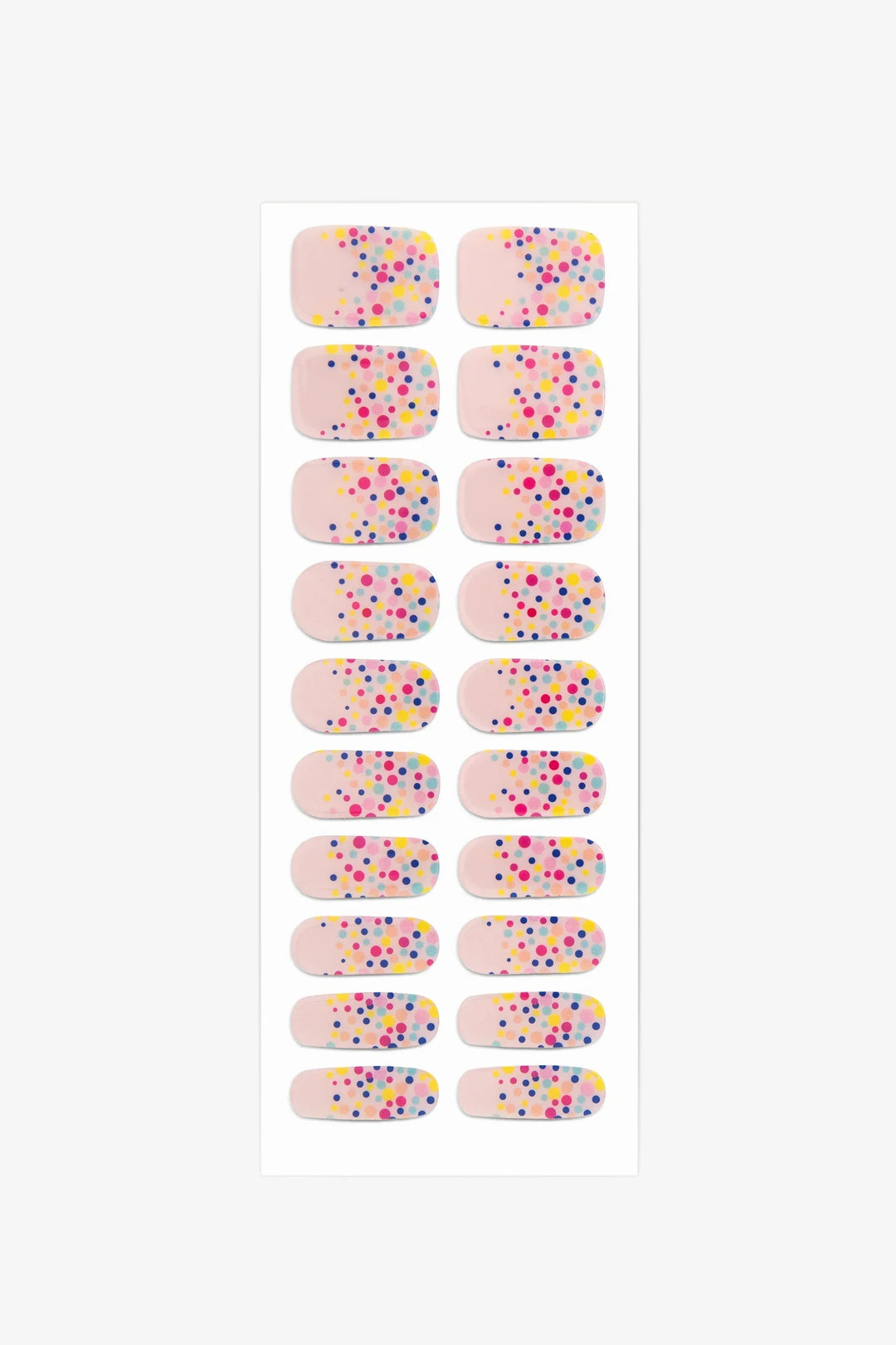 Full sheet of Rainbow Polka Dots semi-cured gel nail stickers displaying various sizes on a white background.