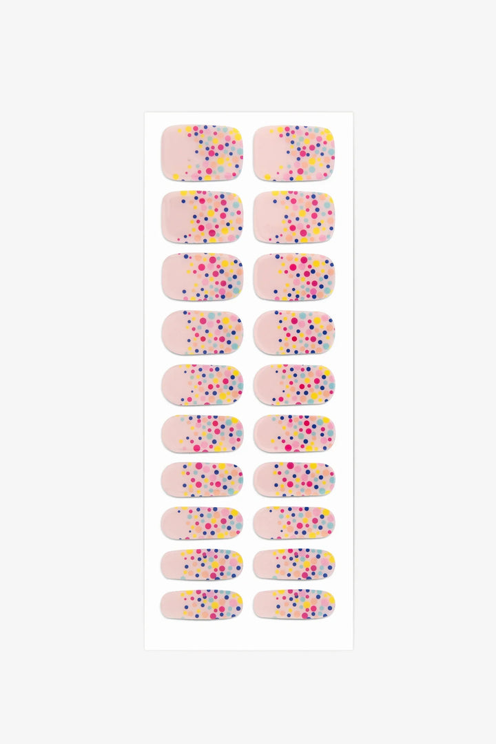 Full sheet of Rainbow Polka Dots semi-cured gel nail stickers displaying various sizes on a white background.