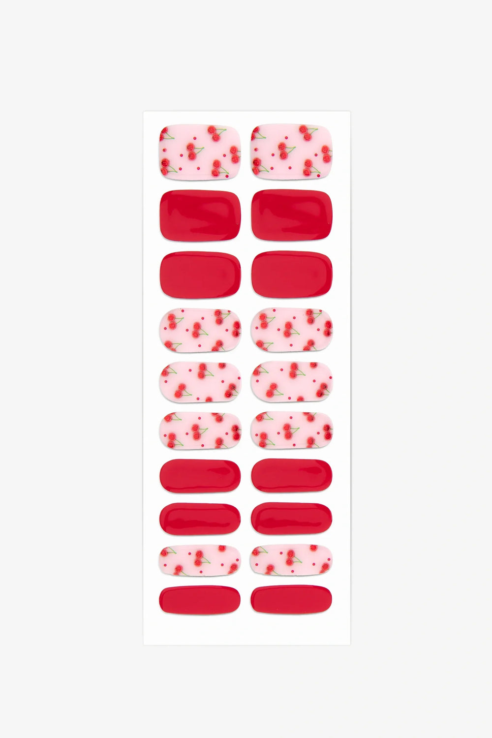 Full sheet of Red Cherry semi-cured gel nail stickers displaying various sizes on a white background.