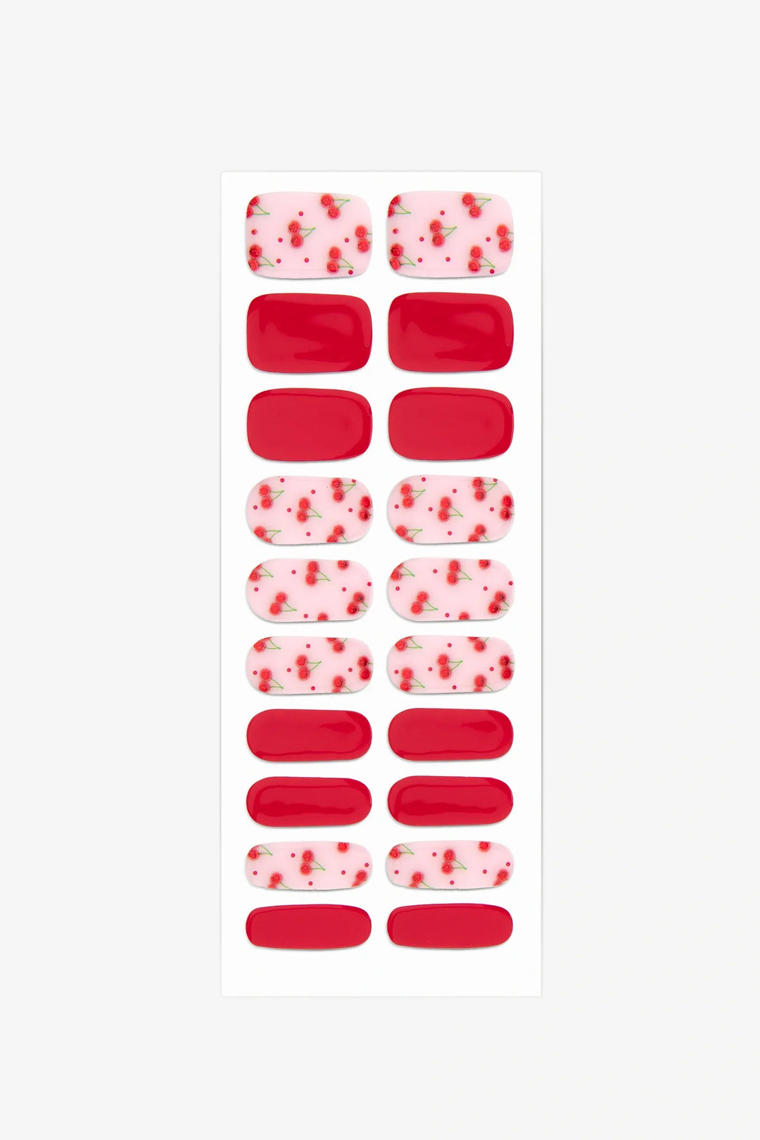 Full sheet of Red Cherry semi-cured gel nail stickers displaying various sizes on a white background.