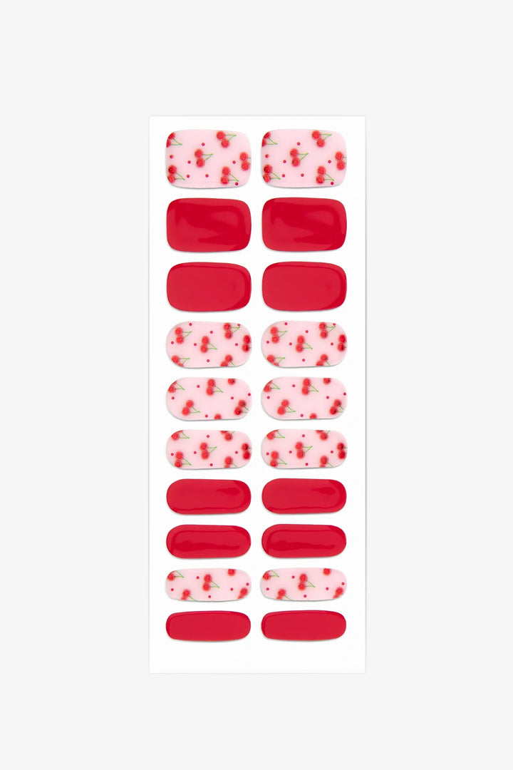 Full sheet of Red Cherry semi-cured gel nail stickers displaying various sizes on a white background.