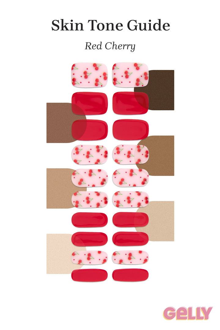 Gelly Skin Tone Guide showing a full set of Red Cherry semi-cured gel nail wraps across light-to-deep skin tone swatches, highlighting colour tone and opacity.