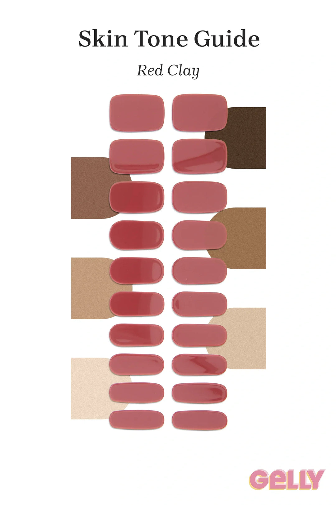 Gelly Skin Tone Guide showing a full set of Red Clay semi-cured gel nail wraps across light-to-deep skin tone swatches, highlighting colour tone and opacity.