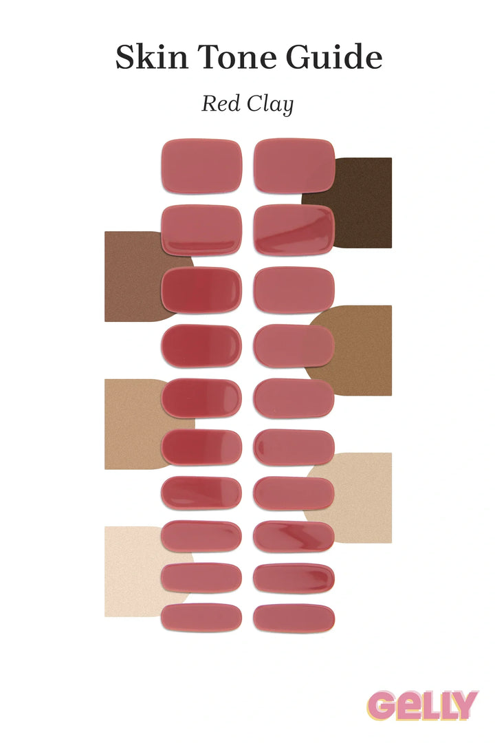 Gelly Skin Tone Guide showing a full set of Red Clay semi-cured gel nail wraps across light-to-deep skin tone swatches, highlighting colour tone and opacity.