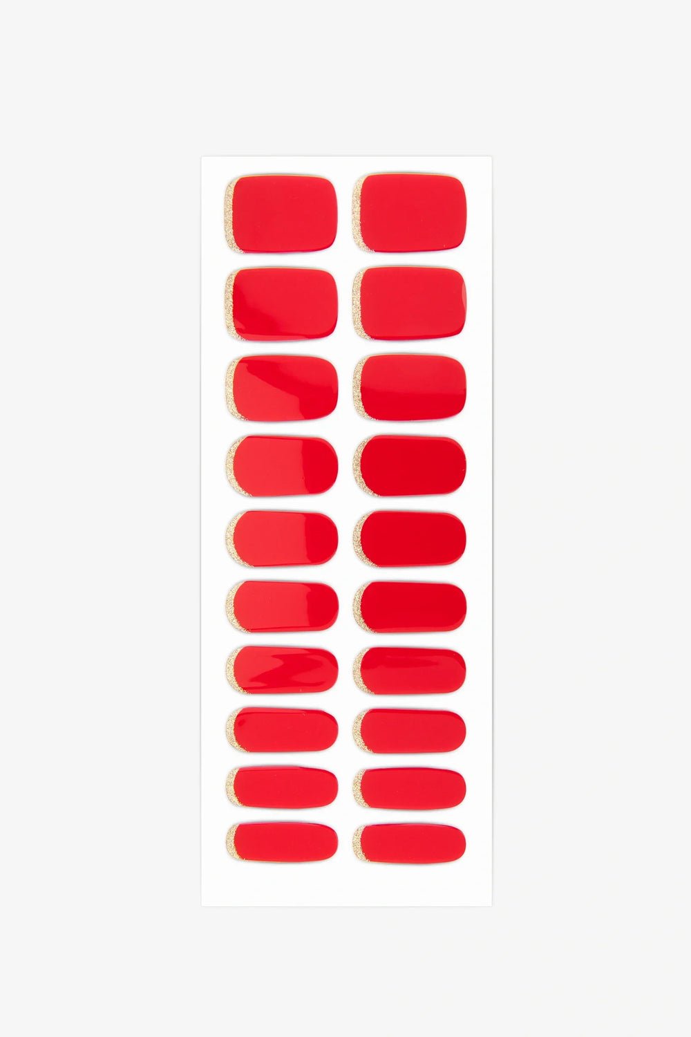 Full sheet of Red Moon gel nail wraps in vibrant power-red with gold cuff detailing, arranged in various sizes on a white background.