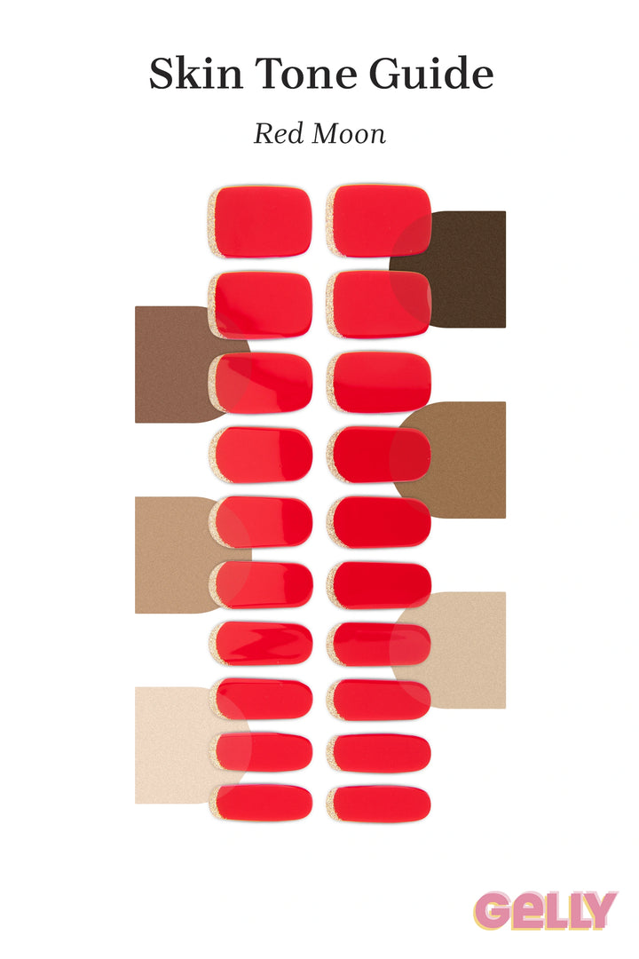 Gelly Skin Tone Guide showing a full set of Red Moon semi-cured gel nail wraps across light-to-deep skin tone swatches, highlighting colour tone and opacity.