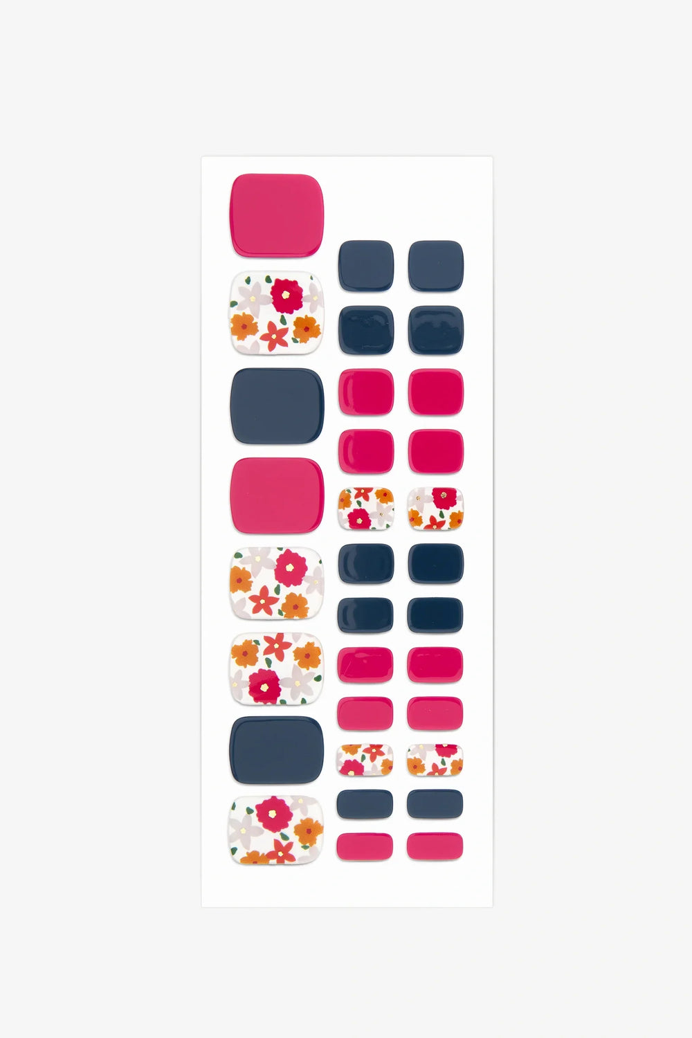 Full sheet of Red & Navy Flower semi-cured gel toenail stickers displaying various sizes on a white background.
