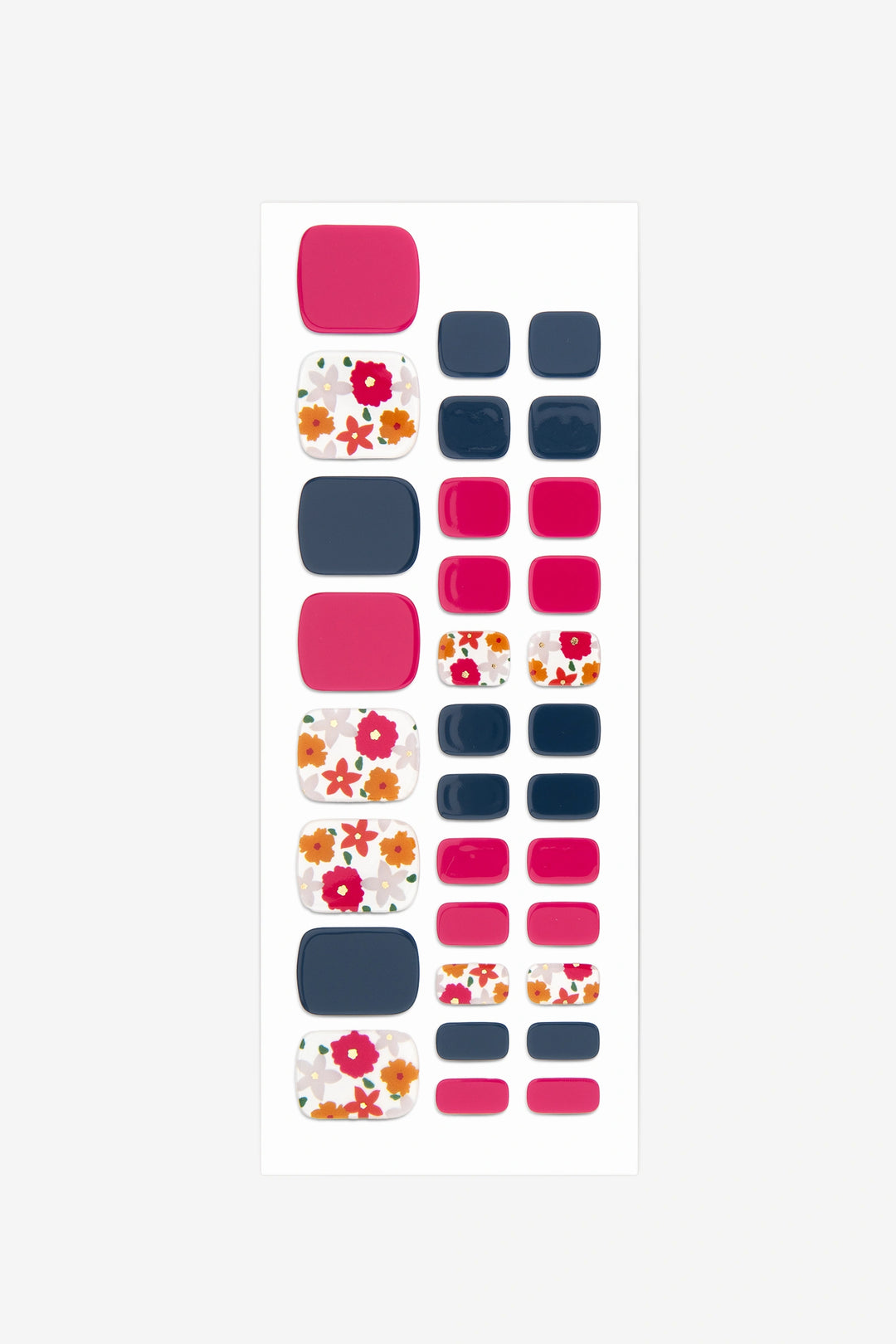 Full sheet of Red & Navy Flower semi-cured gel toenail stickers displaying various sizes on a white background.