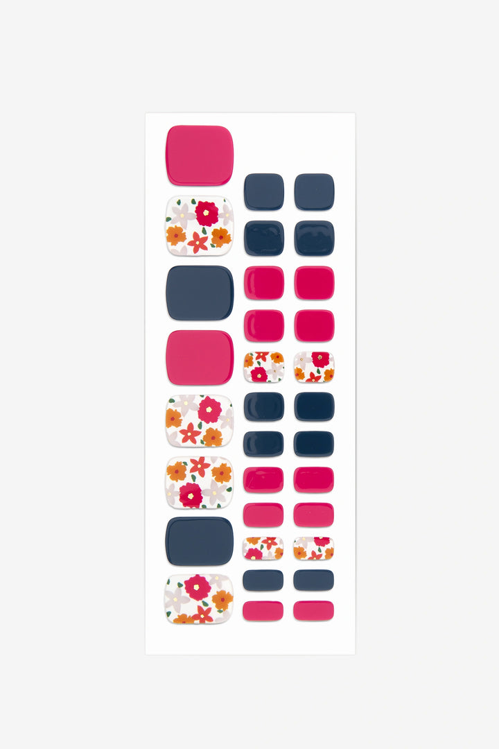 Full sheet of Red & Navy Flower semi-cured gel toenail stickers displaying various sizes on a white background.