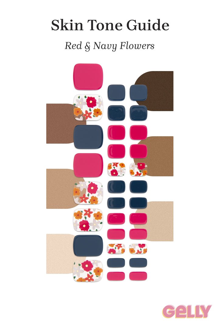 Gelly Skin Tone Guide showing a full set of Red & Navy Flower semi-cured gel toenail wraps across light-to-deep skin tone swatches, highlighting colour tone and opacity.