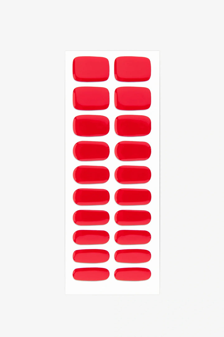 Full sheet of Red Velvet UV-free gel nail stickers displaying various sizes on a white background.