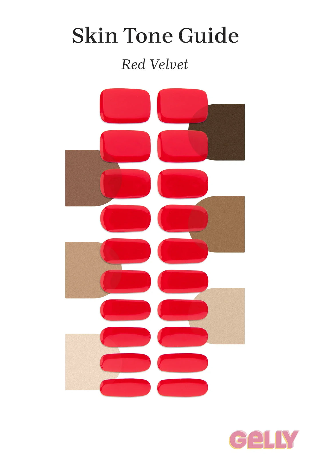 Gelly Skin Tone Guide showing a full set of Red Velvet UV-free gel nail wraps across light-to-deep skin tone swatches, highlighting colour tone and opacity.