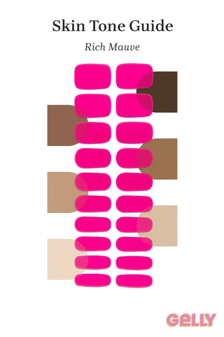 Gelly Skin Tone Guide showing a full set of Rich Mauve semi-cured gel nail wraps across light-to-deep skin tone swatches, highlighting colour tone and opacity.