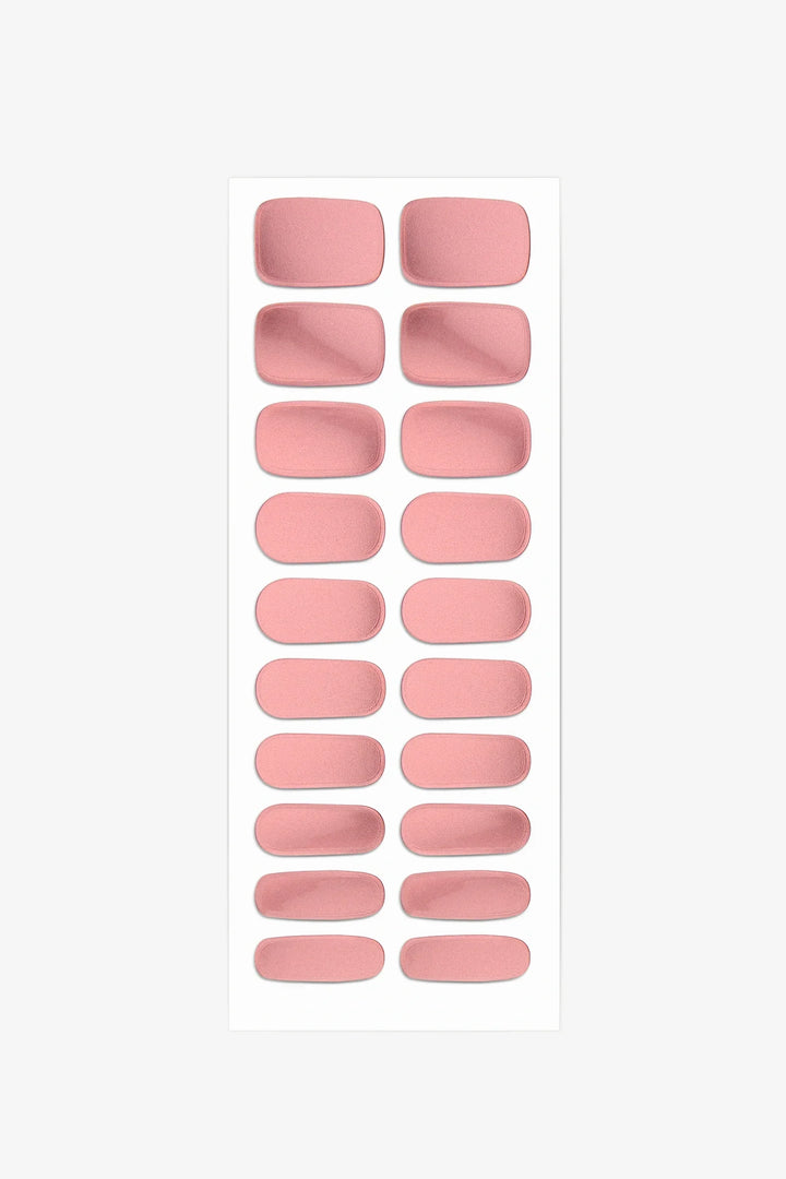 Full sheet of Rose Quartz semi-cured gel nail stickers displaying various sizes on a white background.