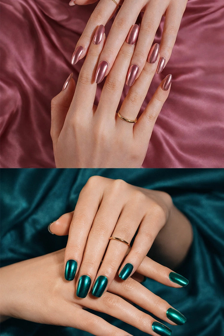 Rosy metallic Rose Quartz and deep teal metallic Cobalt gel nail wraps bundle shown on hands against satin fabric backgrounds
