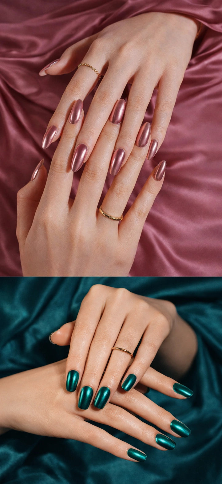 Rose Quartz and Cobalt semi-cured gel nail wraps styled on hands against satin backgrounds