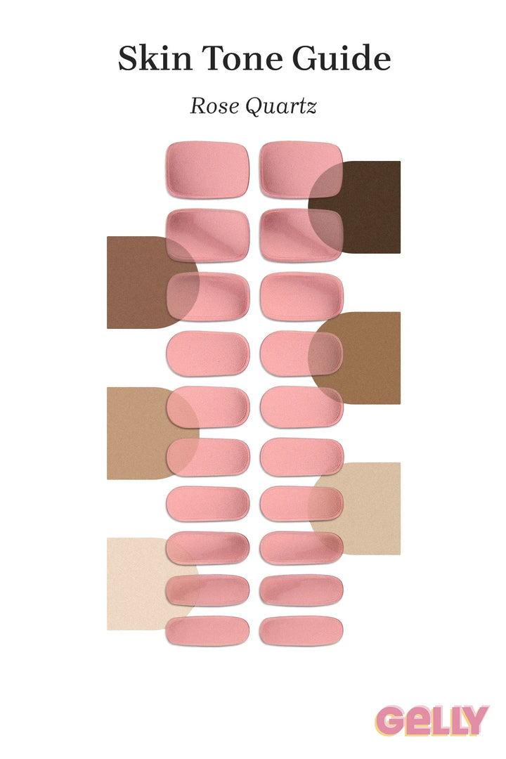 Gelly Skin Tone Guide showing a full set of Rose Quartz semi-cured gel nail wraps across light-to-deep skin tone swatches, highlighting colour tone and opacity.