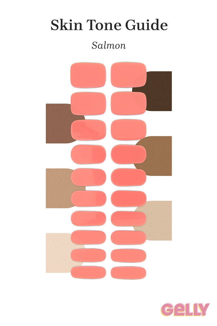 Gelly Skin Tone Guide showing a full set of Salmon semi-cured gel nail wraps across light-to-deep skin tone swatches, highlighting colour tone and opacity.