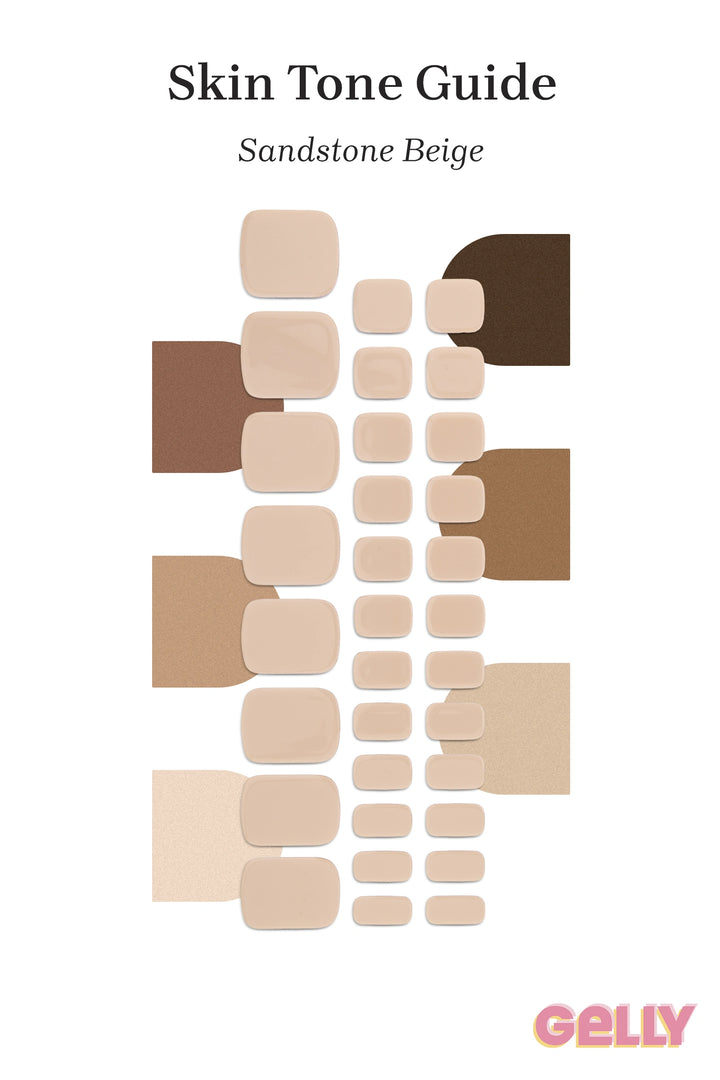 Gelly Skin Tone Guide showing a full set of Sandstone Beige semi-cured gel toenail wraps across light-to-deep skin tone swatches, highlighting colour tone and opacity.