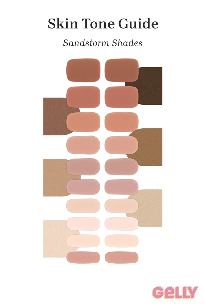 Gelly Skin Tone Guide showing a full set of Sandstorm Shades semi-cured gel nail wraps across light-to-deep skin tone swatches, highlighting colour tone and opacity.