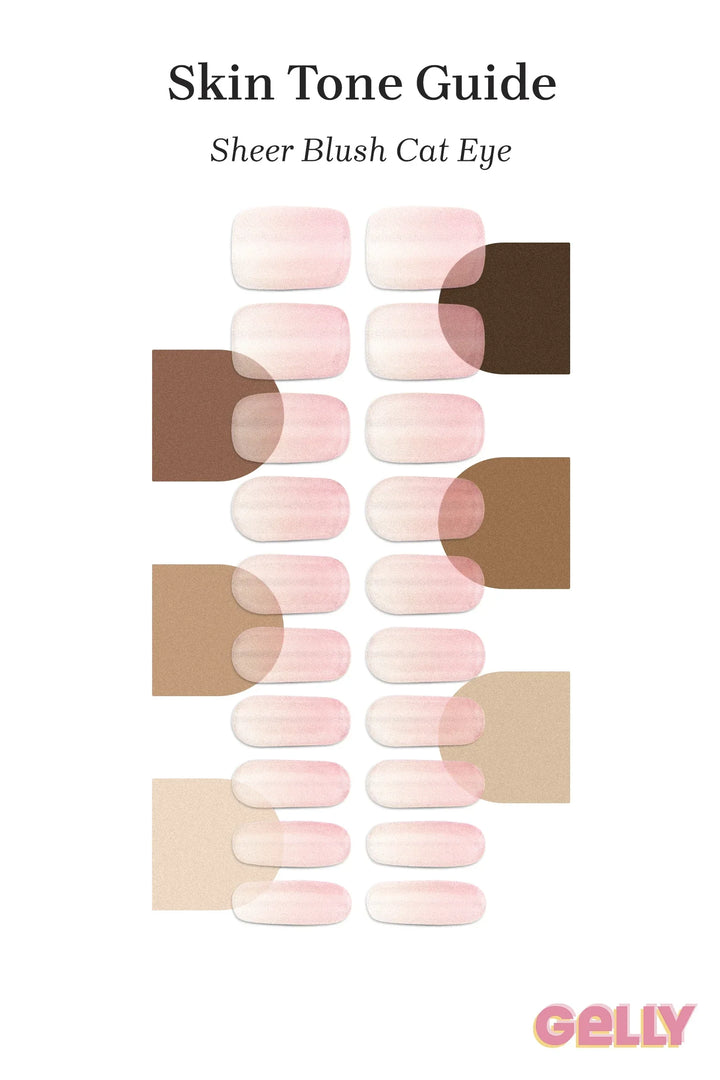 Gelly Skin Tone Guide showing a full set of Sheer Blush Cat Eye UV-free gel nail wraps across light-to-deep skin tone swatches, highlighting colour tone and opacity.