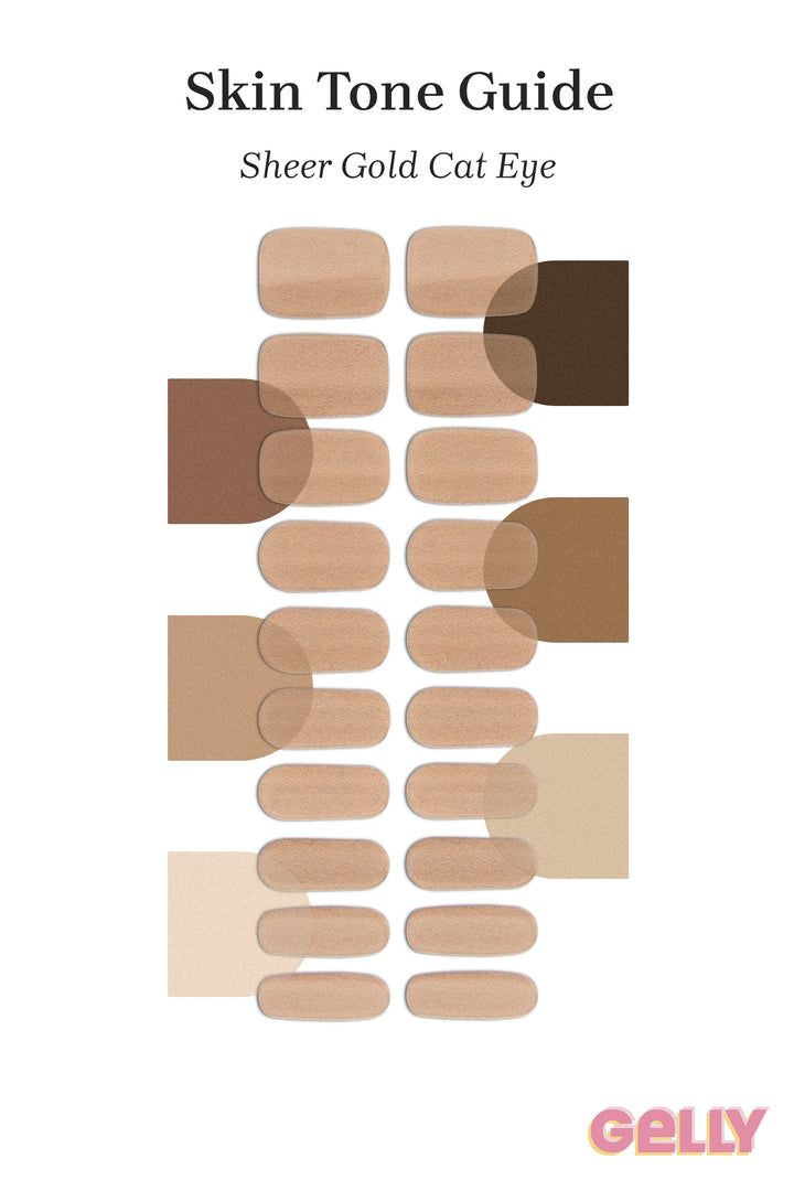 Gelly Skin Tone Guide showing a full set of Sheer Gold Cat Eye semi-cured gel nail wraps across light-to-deep skin tone swatches, highlighting colour tone and opacity.