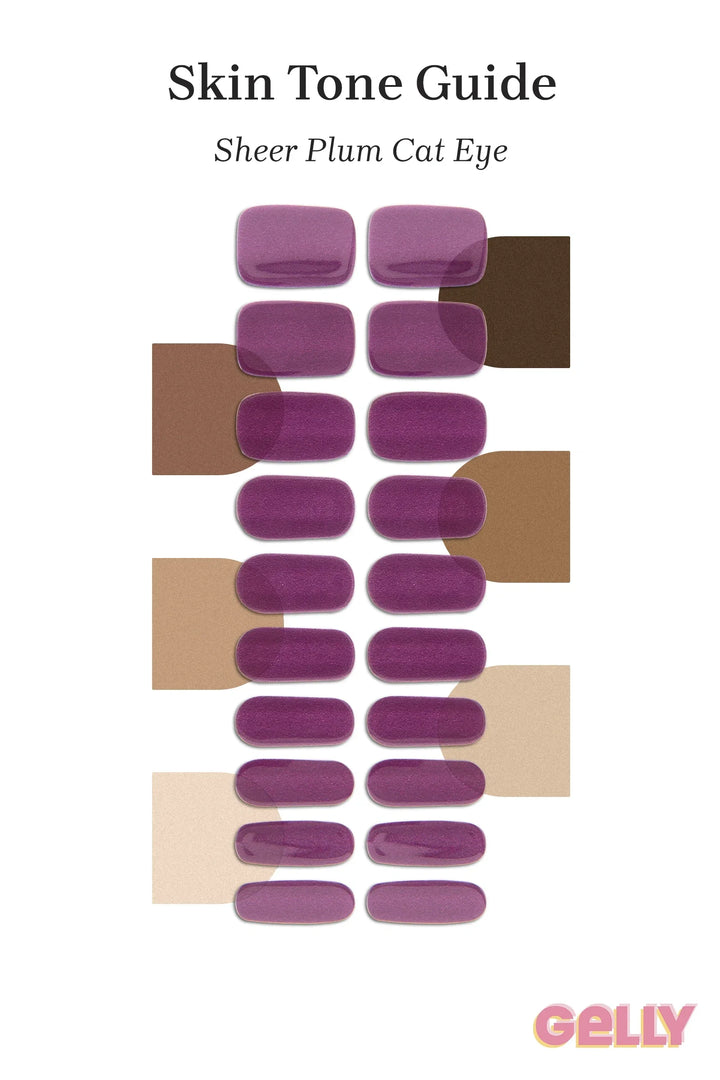 Gelly Skin Tone Guide showing a full set of Sheer Meringue Cat Eye semi-cured gel nail wraps across light-to-deep skin tone swatches, highlighting colour tone and opacity.