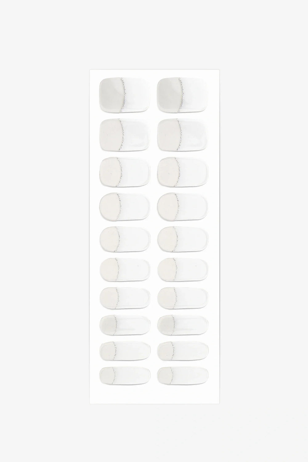 Full sheet of Shimmering French Linen semi-cured gel nail stickers displaying various sizes on a white background.