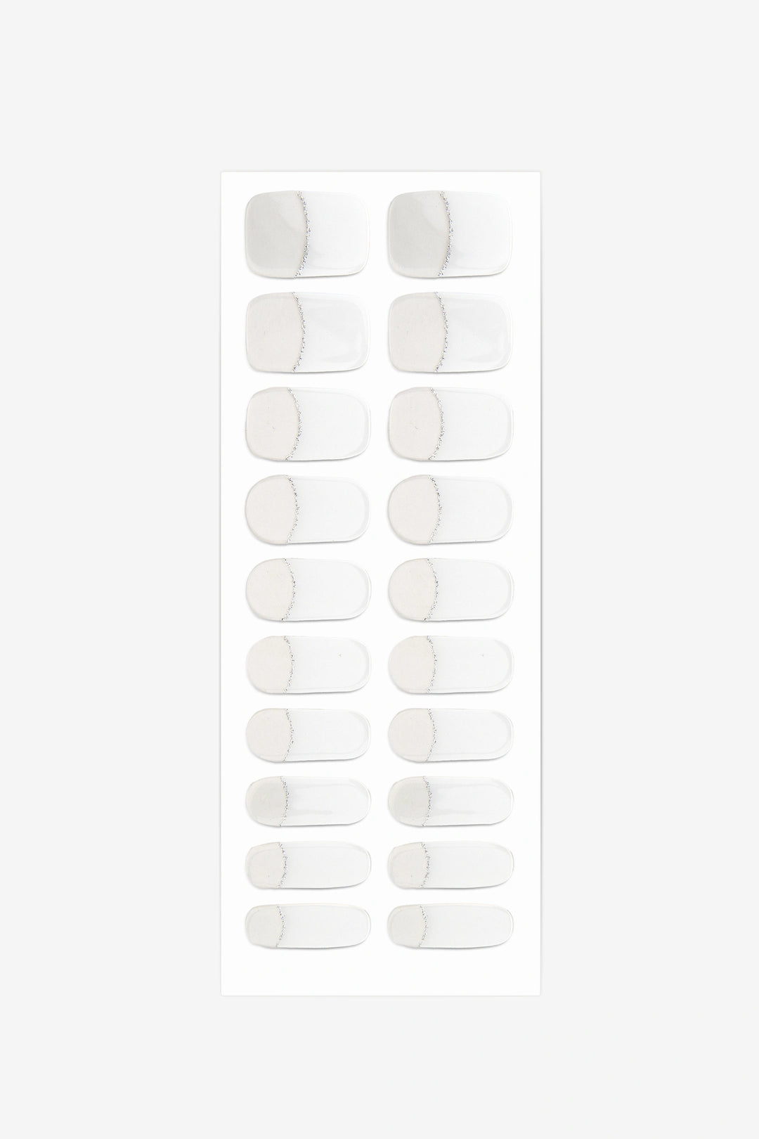 Full sheet of Shimmering French Linen semi-cured gel nail stickers displaying various sizes on a white background.