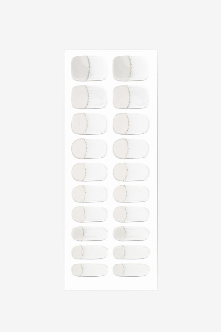 Full sheet of Shimmering French Linen semi-cured gel nail stickers displaying various sizes on a white background.