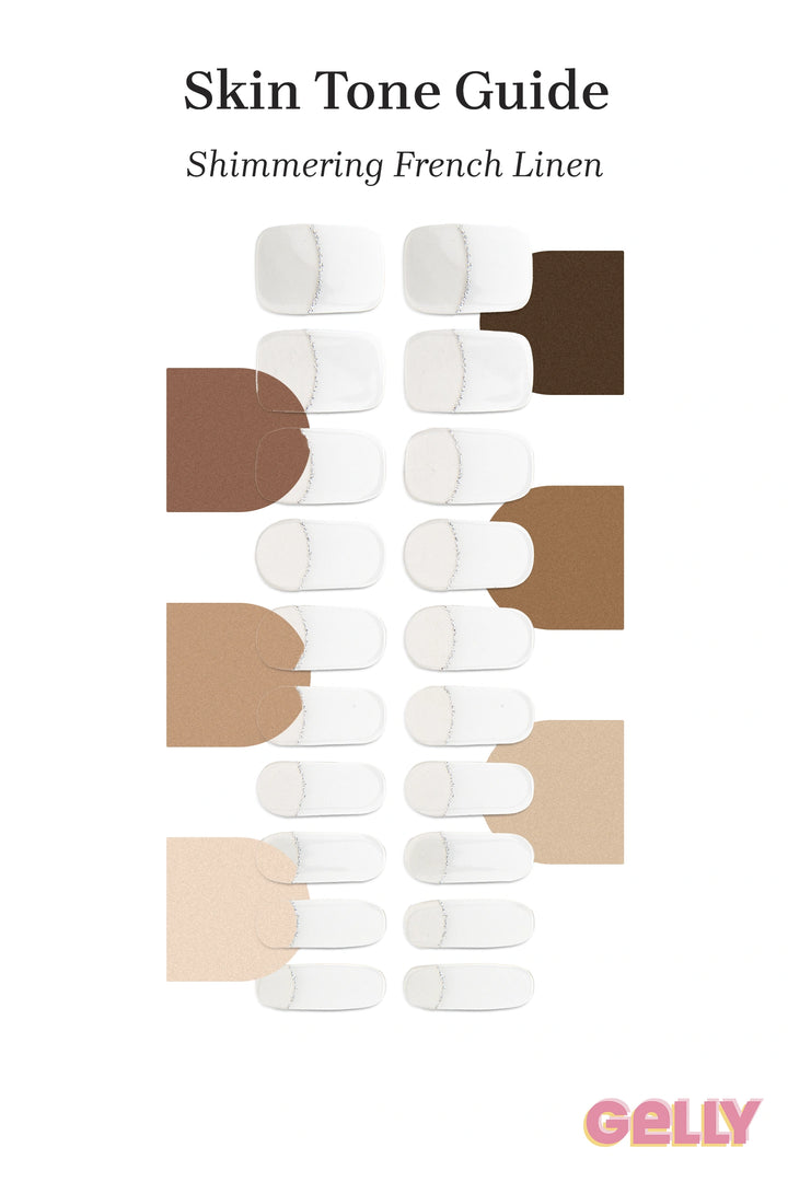 Gelly Skin Tone Guide showing a full set of Shimmering French Linen semi-cured gel nail wraps across light-to-deep skin tone swatches, highlighting colour tone and opacity.