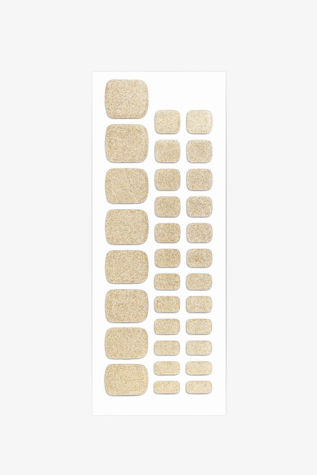 Full sheet of Shimmering Gold semi-cured gel toenail stickers displaying various sizes on a white background.