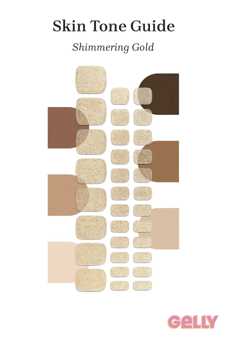 Gelly Skin Tone Guide showing a full set of Shimmering Gold semi-cured gel nail wraps across light-to-deep skin tone swatches, highlighting colour tone and opacity.
