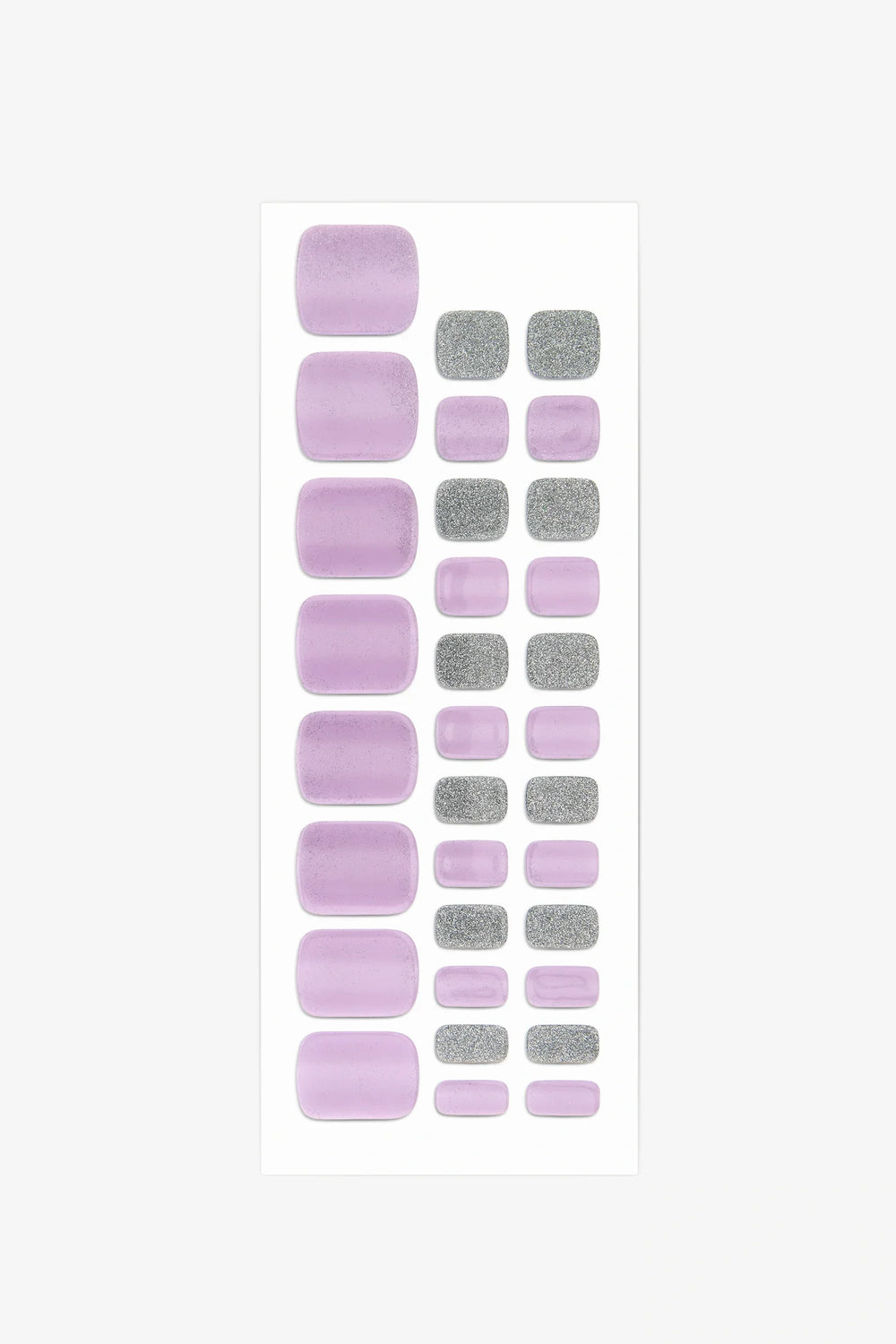 Full sheet of Shimmering Lavender & Gray semi-cured gel toenail stickers displaying various sizes on a white background.