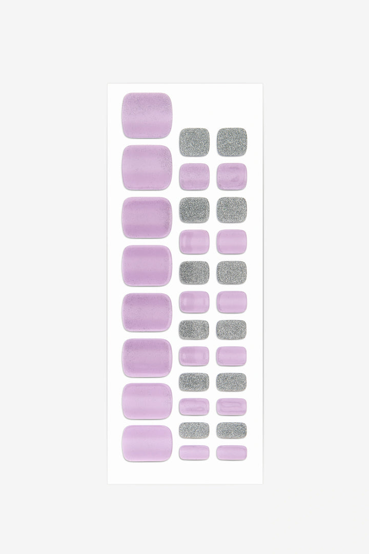 Full sheet of Shimmering Lavender & Gray semi-cured gel toenail stickers displaying various sizes on a white background.