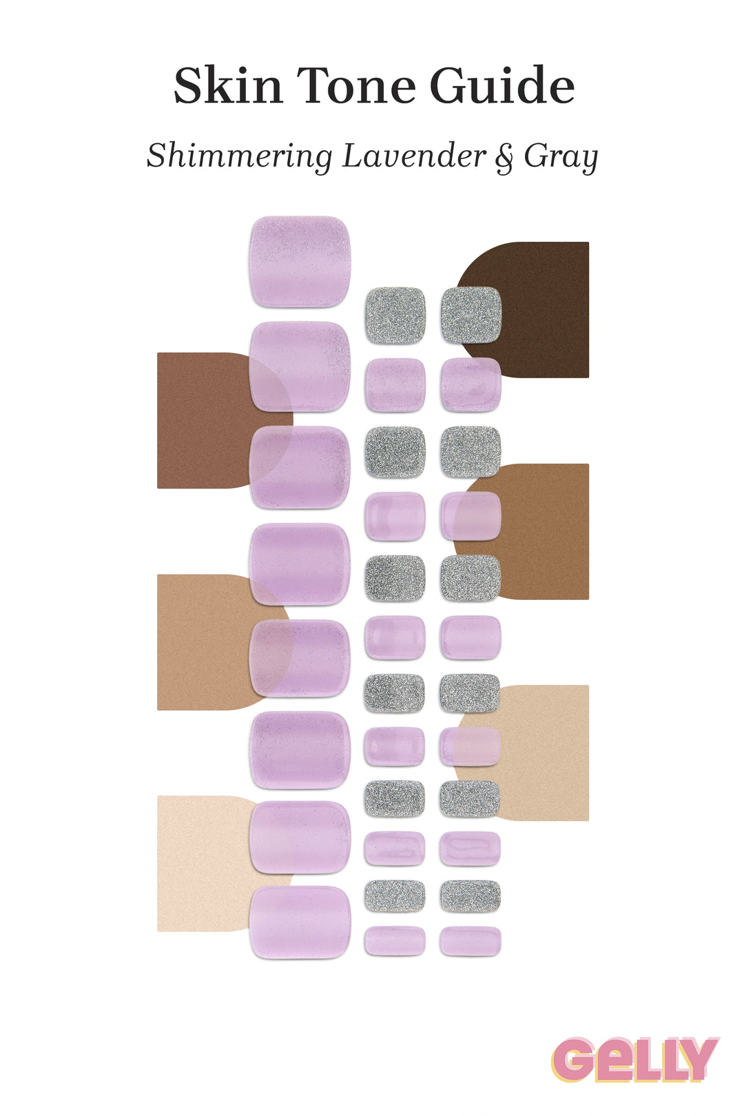 Gelly Skin Tone Guide showing a full set of Shimmering Lavender & Gray semi-cured gel toenail wraps across light-to-deep skin tone swatches, highlighting colour tone and opacity.