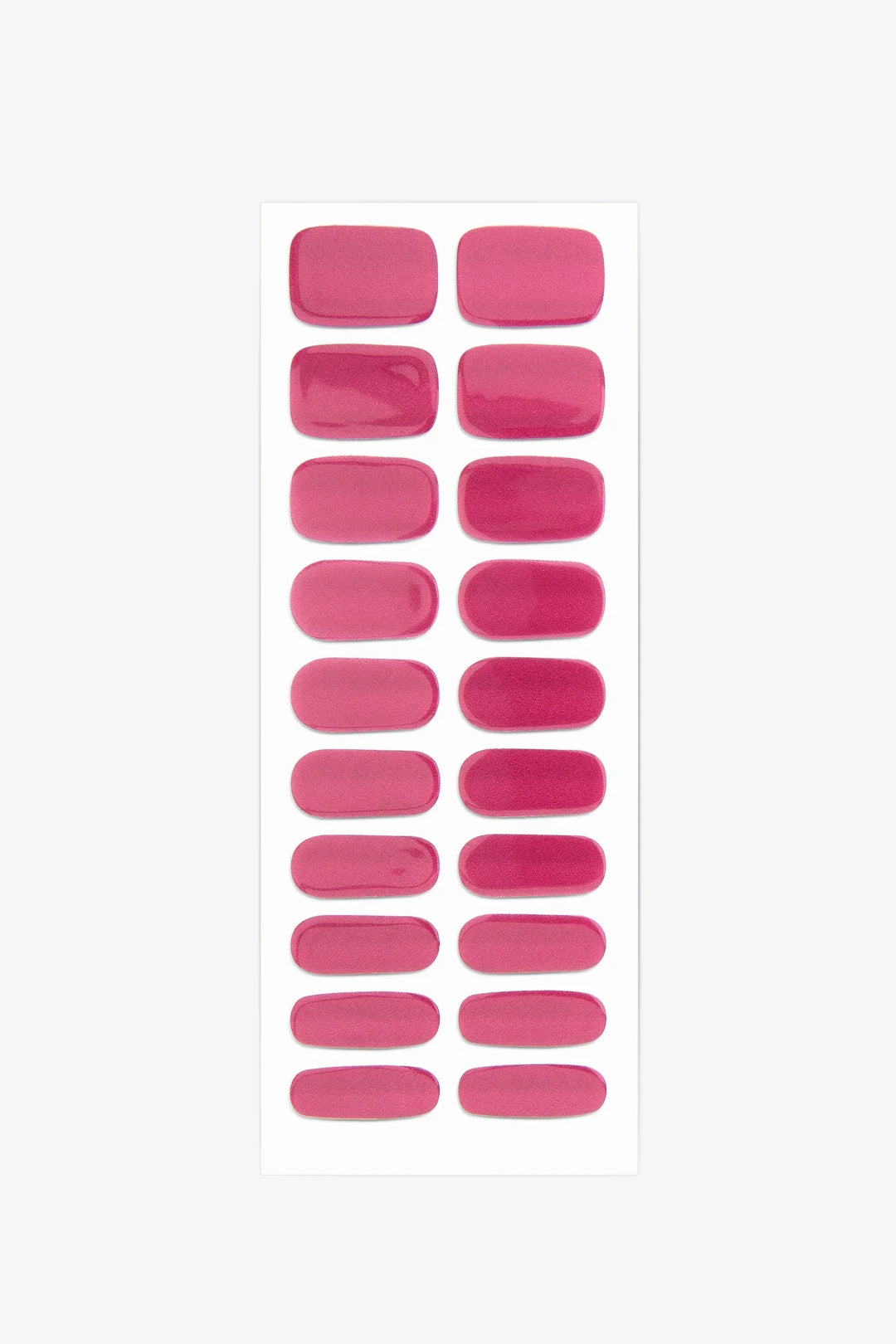 Full sheet of Shimmering Magenta semi-cured gel nail stickers displaying various sizes on a white background.