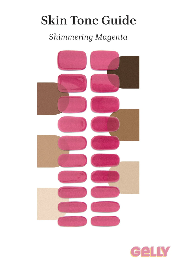 Gelly Skin Tone Guide showing a full set of Shimmering Magenta semi-cured gel nail wraps across light-to-deep skin tone swatches, highlighting colour tone and opacity.