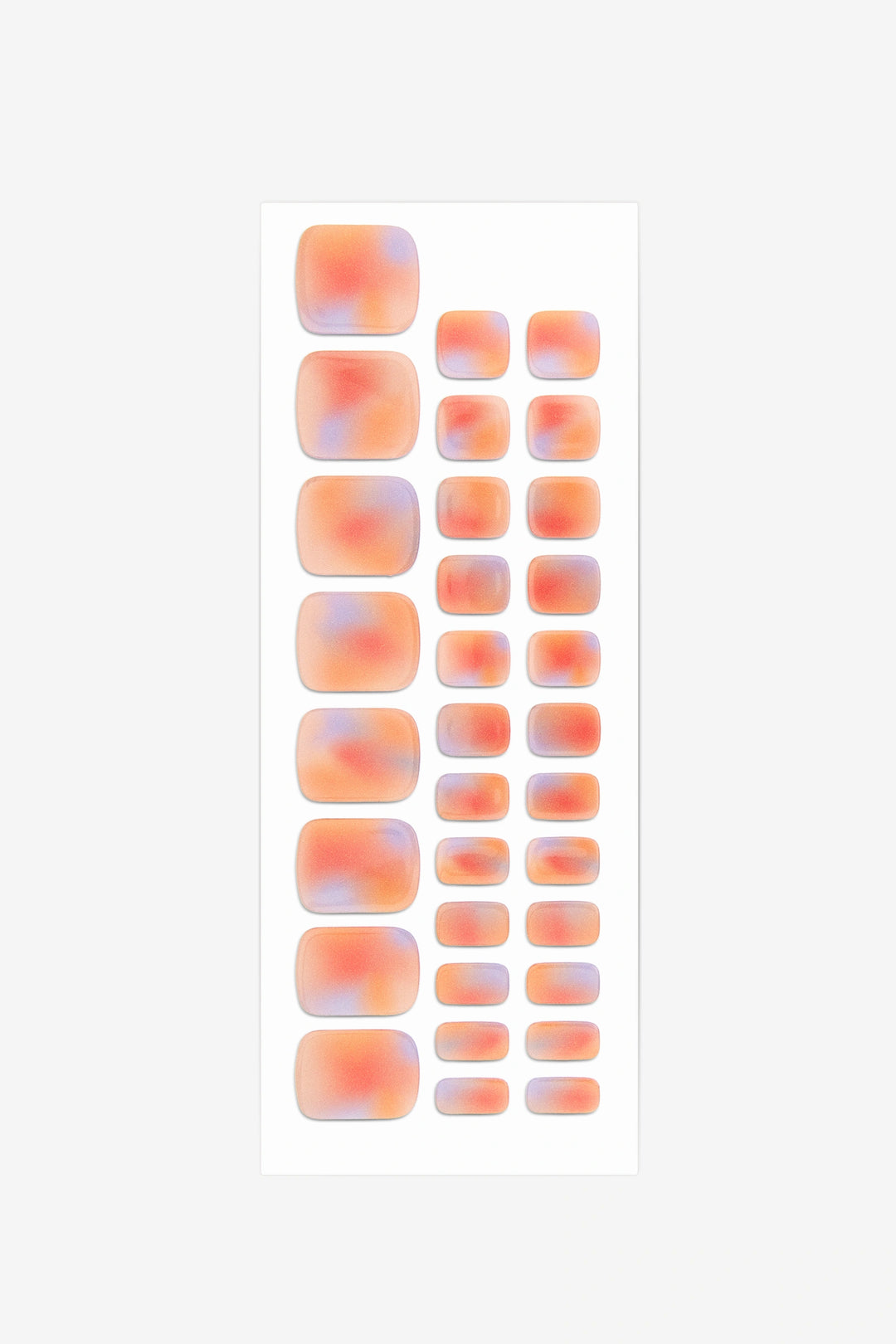 Full sheet of Shimmering Rainbow semi-cured gel toenail stickers displaying various sizes on a white background.