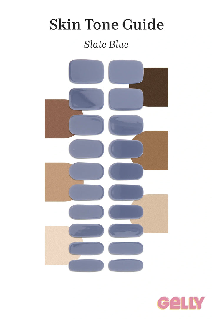 Gelly Skin Tone Guide showing a full set of Slate Blue semi-cured gel nail wraps across light-to-deep skin tone swatches, highlighting colour tone and opacity.