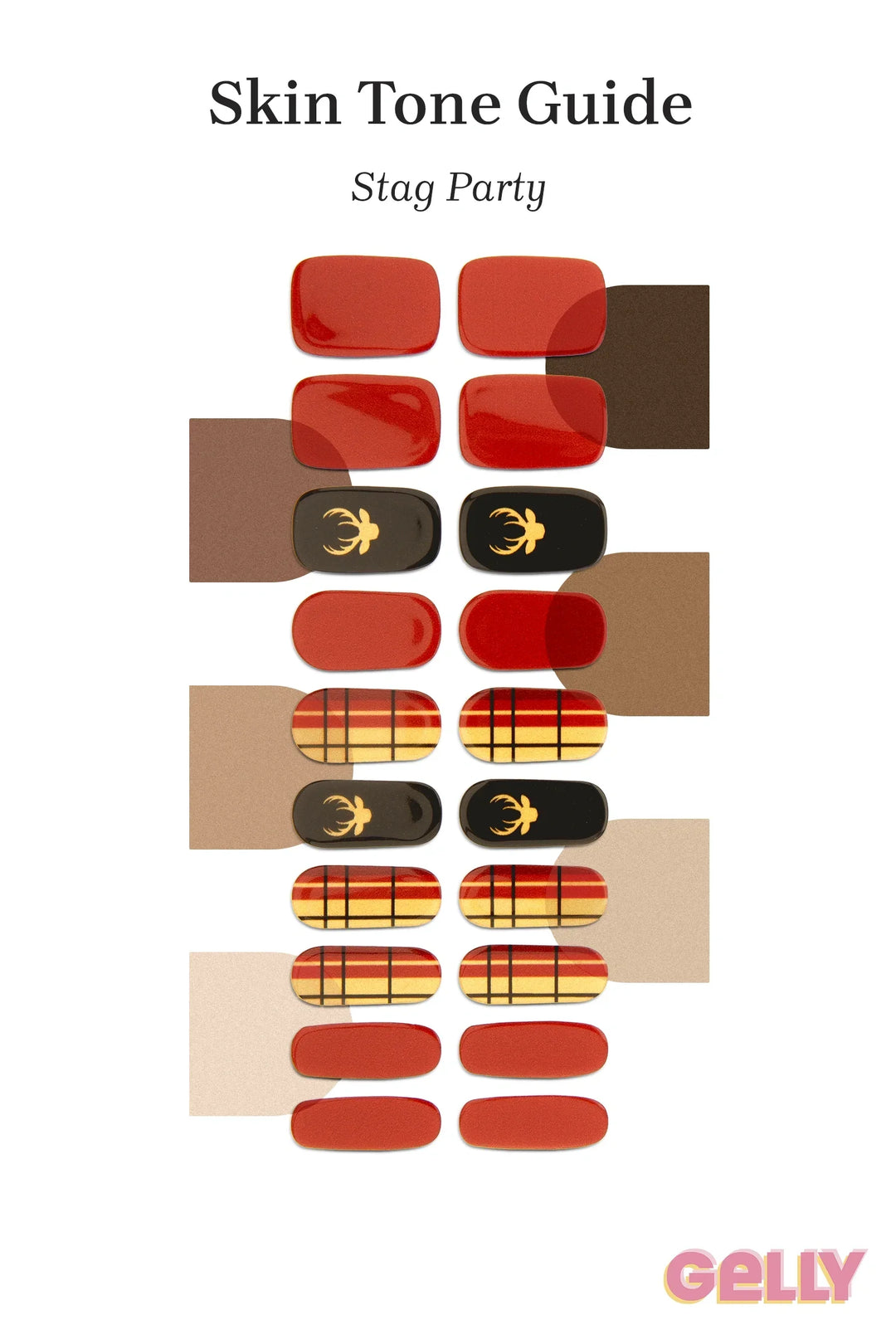 Gelly Skin Tone Guide showing a full set of Stag Party semi-cured gel nail wraps across light-to-deep skin tone swatches, highlighting colour tone and opacity.