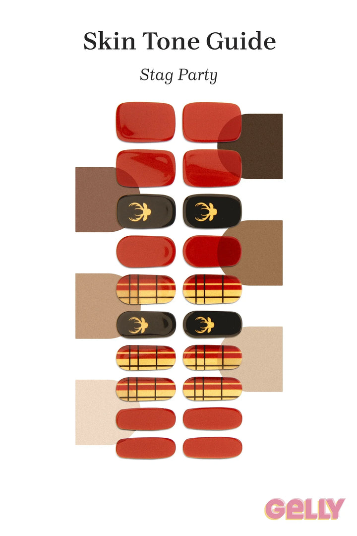 Gelly Skin Tone Guide showing a full set of Stag Party semi-cured gel nail wraps across light-to-deep skin tone swatches, highlighting colour tone and opacity.
