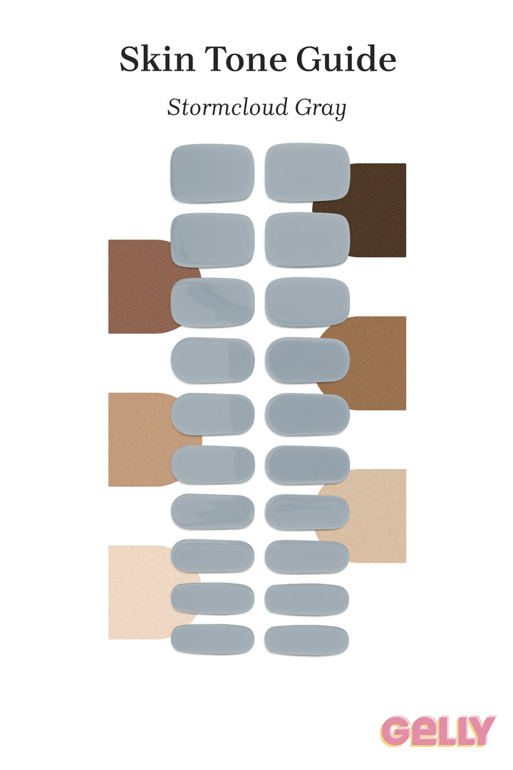Gelly Skin Tone Guide showing a full set of Stormcloud Gray semi-cured gel nail wraps across light-to-deep skin tone swatches, highlighting colour tone and opacity.
