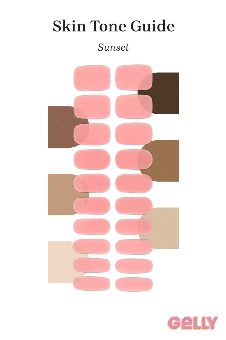 Gelly Skin Tone Guide showing a full set of Sunset semi-cured gel nail wraps across light-to-deep skin tone swatches, highlighting colour tone and opacity.