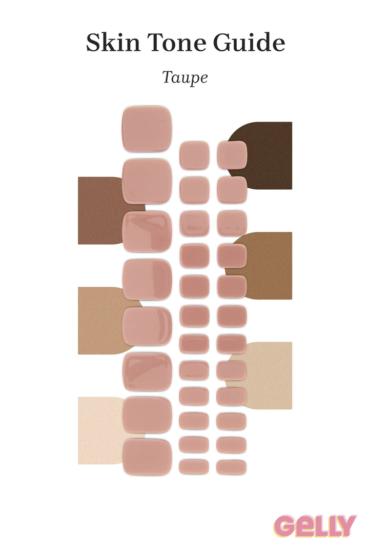 Gelly Skin Tone Guide showing a full set of Taupe semi-cured gel toenail wraps across light-to-deep skin tone swatches, highlighting colour tone and opacity.